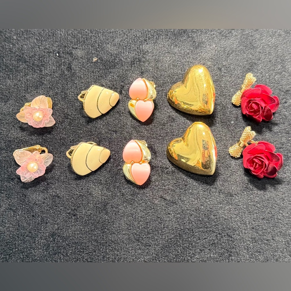 Vintage! Set of 5 Clip-On Earrings Hearts and Flowers